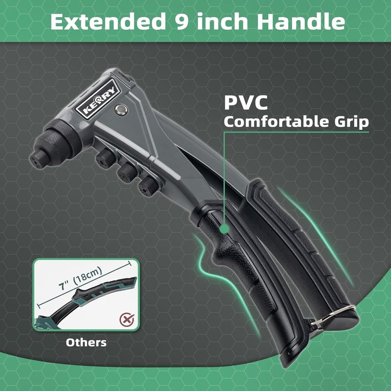 KERRY One-Handed Rivet Gun, 3/32" 1/8" 5/32" 3/16" Pop Rivet Gun Set, Manual Riveting Tool with 9.6" Extended Handle, 200 Rivets, 4 Tool-Free Interchangeable Heads, Profeesional Hand Riveter - Image 4